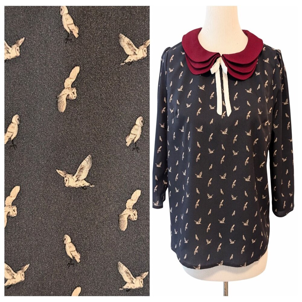 Lindy Bop Womens Size 10? Black Paighton Night Owls Peter Pan Collar Blouse Top